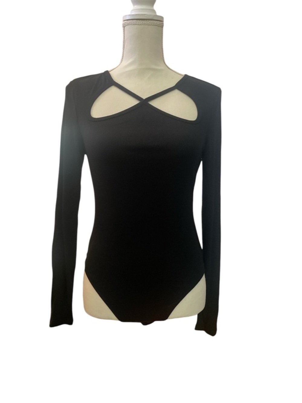 Future Collective Women’s Black Ribbed Cut Out Neck Long Sleeve Bodysuit